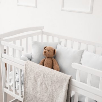 Teddy bear sitting in a white crib
